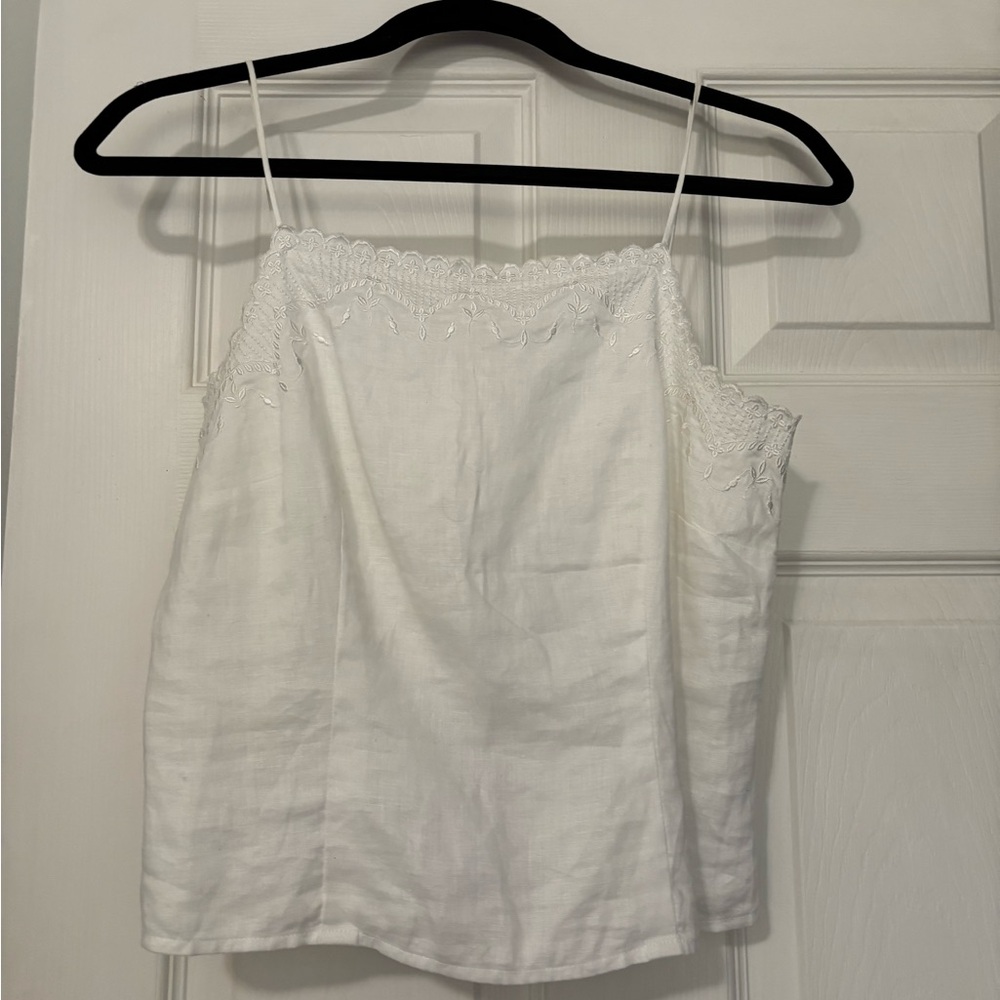 Vintage White Embroidered Eyelet Linen Strap Button Back Tank Top S/M